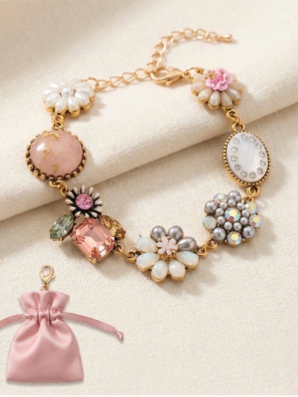 Vintage Inspired/Gold-Tone Pink Floral Crystal Bracelet